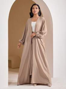 Veilorie Women's Solid Color Lantern Sleeve Long Robe And Waist Twist Midi Skirt, Arab Style Outfit,Modest - Camel - View 6