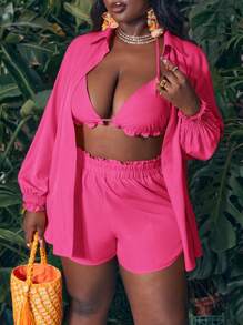 Slaydiva Bộ 3 đồ bơi bikini thường ngày cỡ lớn cho kỳ nghỉ - Màu Hồng Tươi - Xem 8