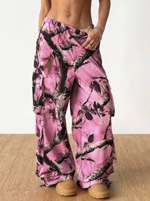 SHEIN EZwear 女士春夏节日约会夜街头装垃圾游戏日新年前夜粉红树枝图案森林迷彩工装裤，狂欢节服装 - 粉色 - 查看 4