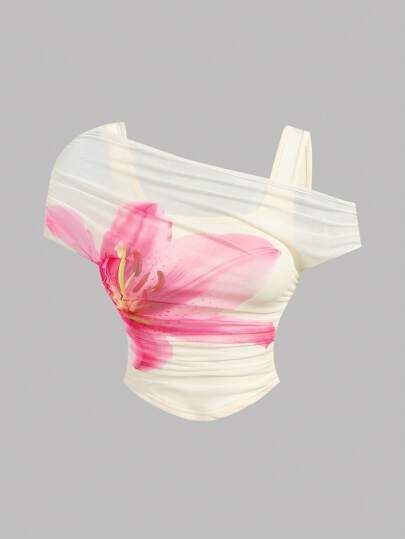 SHEIN Girlism Teen Girl Aprikos Fitted Mesh Blommönster Kräm T-shirt, Fest, Casual, Lämplig för sommar, examen, Tillbaka till skolan, Semester, Festival, Lunch, Musikfestival,