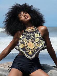 SHEIN Swim 女士复古花卉/植物印花上衣和抽绳泳裤比基尼套装，夏季新款度假泳装，适合夏季海滩度假 - 黑色 - 查看 5