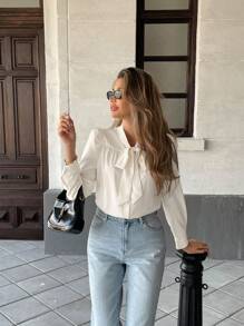 Pariaura 女士优雅通勤衬衫，单排扣，蝴蝶结，荷叶边，泡泡袖，适合春秋季节 - 杏色 - 查看 6