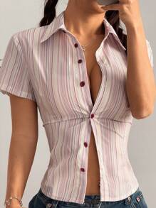 Flirla Camisa casual elegante de mujer de manga corta con rayas y ceñidora de cintura rosada