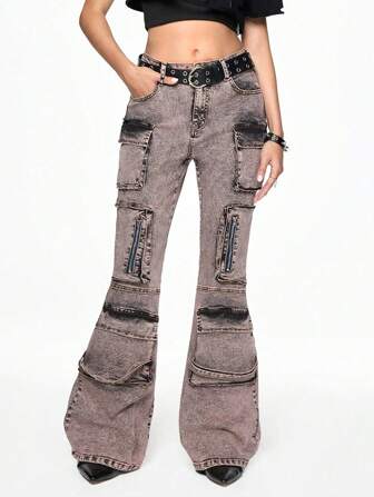 Grunge Punk Verwaschen Distressed Denim Schlaghose, Dystopischer Punk Straßen Stil