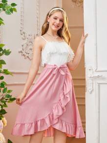 Teen Girl Summer Casual Elegant Adjustable Strap Dress With Asymmetrical Ruffle Hem And Belt - Pink - View 3