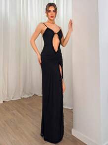 Aloruh Vestido negro de punto con volantes y tirantes finos extremadamente escotado