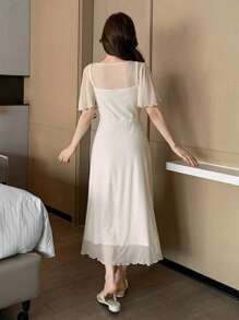 DAZY Romantic Mesh & Lace Patchwork Lightweight V-Neck Ruffle Waist Design Women's Nightgown Pajama - White - View 2