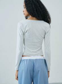 Easelle Spring/Summer Going Out Light Grey Letter & Number Print Embroidered Knit Fitted Women's T-Shirt