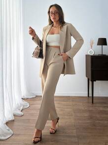 SHEIN PETITE Petite Women Elegant Solid Beige Color Button Front Detailed Long Sleeve Blazer Jacket And Long Straight Pants Suit Sets - Beige - View 4