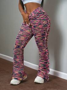 Slaydiva 女士时尚针织流苏裤：秋冬多色段染图案针织衫