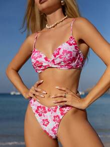 SHEIN Swim 2 件春假花卉印花交叉前带泳装和比基尼套装，清新夏日海滩度假日礼物，适合女孩 - 彩色 - 查看 5
