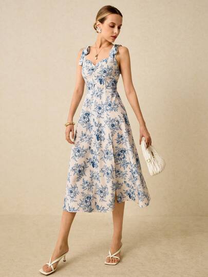 Poéselle 女士优雅花卉印花开衩下摆超长吊带裙