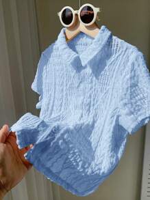 SHEIN Leap Crew 1 件年轻男孩宽松休闲提花翻领短袖衬衫 - 淺藍色 - 查看 6