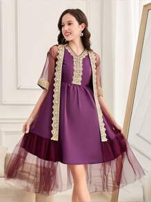SHEIN Teen Girl Loose Lovely Round Neck Geometric Pattern Coat And Dress 2 Pieces Set - Purple - View 1