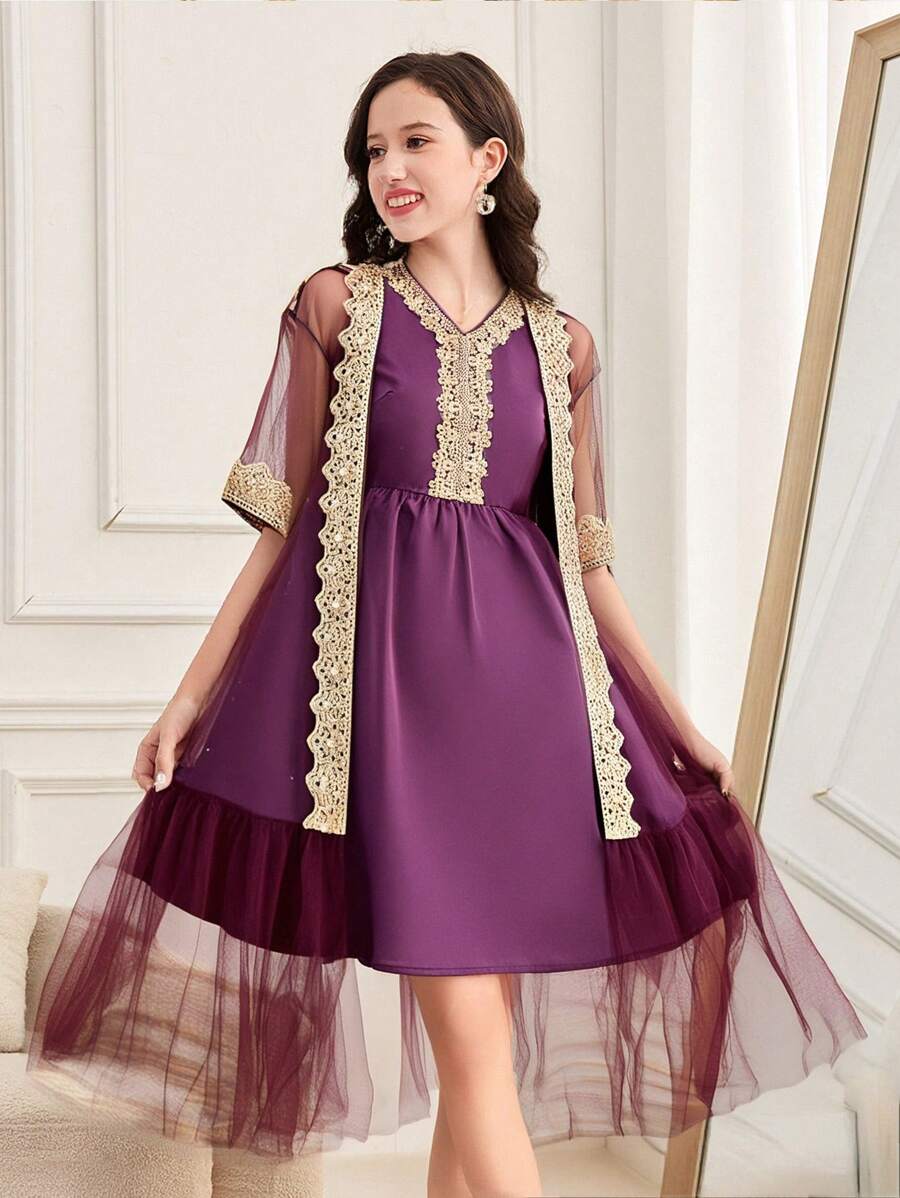 SHEIN Teen Girl Loose Lovely Round Neck Geometric Pattern Coat And Dress 2 Pieces Set - Purple - View 1