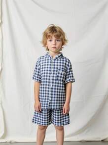 2 Pieces Set Young Boy Plaid Print Short Sleeve Top And Shorts, Casual & Comfortable Homewear Set - Multicolor - View 9