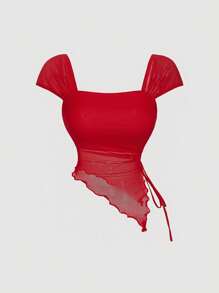 SHEIN MOD Red Cute Tie Up Women T-Shirt, Casual Top, Fashionable Blouse,Valentine Outfits,Valentine Outfits