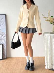 SHEIN Unity 时尚美人鱼风格收腰修身低领长袖女式办公室西装外套 - 卡其色 - 查看 4