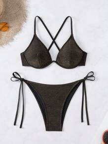 Glamine 2pcs Springbreak Solid Color Crossover Strap Sexy & Elegant Fabric Bikini Set, For Beach, Pool, Party Swimwear For Summer Beach Vacation - Brown - View 3