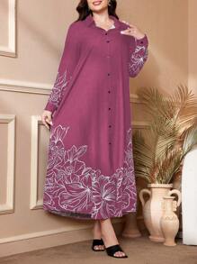 Al Najma 大码女式花卉印花长袖宽松长款休闲衬衫裙，春夏，端庄，休闲风格，超长大码连衣裙