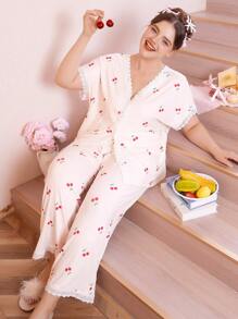 Cherry Print Single Button Splice Lace Drop Shoulder Plus Size Women Pajama Set - Beige - View 3