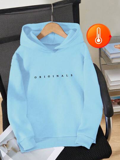SHEIN Tween Boy Casual Letter Print Thermal Lined Pullover Hoodie, Autumn/Winter