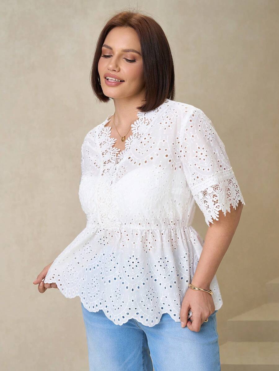 SHEIN Clasi Plus Size Women's Holiday Floral Embroidered Lace Cuffs And Collar V-Neck Short Sleeve Romantic Shirt,Concert Women,Funny Shirts,Raves,Country Concert,Beach,Bohemian,Boho Women Clothing,Vacations Woman,Embroidered Top