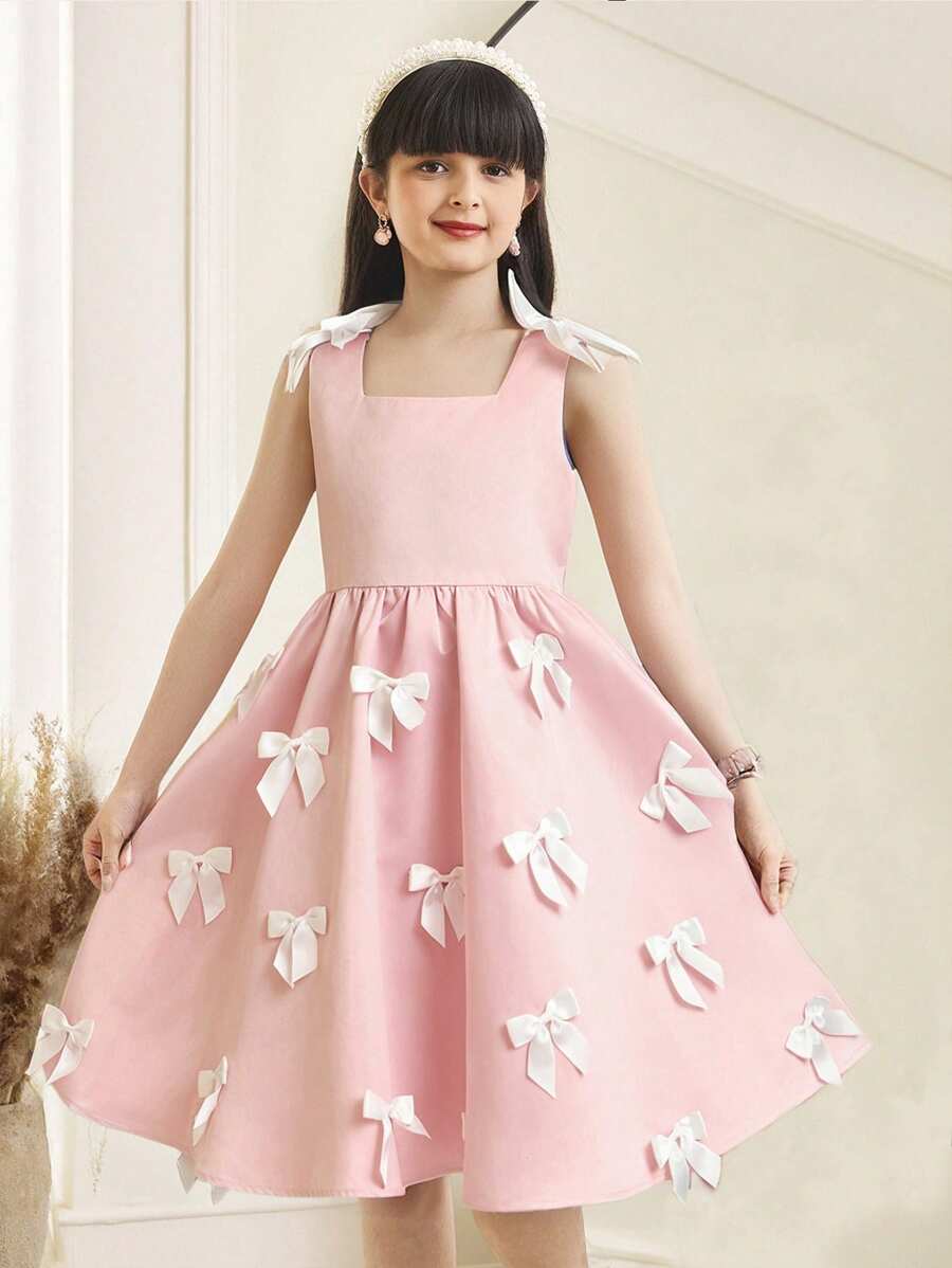 SHEIN Tween Girls 优雅拼接拼色无袖蝴蝶结装饰中长连衣裙、派对装 - 粉色 - 查看 1