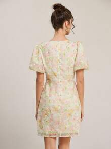 Aveloria Rosie Colorful Tie Dye Jacquard Special Fabric Vintage Romantic Elegant Wedding Season Puff Sleeve Floral Bodycon Mini Dress For Women All Over Print For Summer