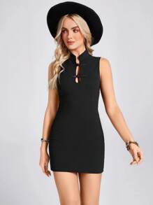 Wildy Stand Collar Button Front Waist Fit And Flare Cheongsam Style Dress