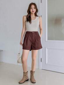 DAZY 女士带口袋褶皱纯色宽松休闲牛仔短裤夏季运动短裤 - 摩卡棕 - 查看 2