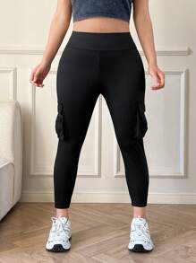 SHEIN EZwear Plus Size Solid Color Minimalist Pocket Leggings, Casual For Daily Wear,Spring Summer Clothes - Black - View 3