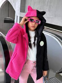 SHEIN Chaqueta de manga larga con cremallera, de color block, de para niñas preadolescentes - Negro - Ver 1