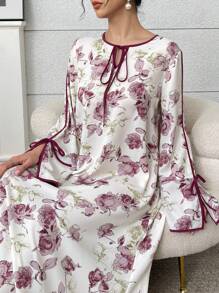 Yasmyna Vestido con estampado floral, mangas campana y estilo árabe elegante para mujer, vestidos jalabiya árabe, modesto - Rosa - Ver 1