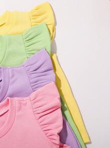 4pcs Set Young Girl Solid Color Round Neck Ruffle Trim Fitted T-Shirts - Multicolor - View 3