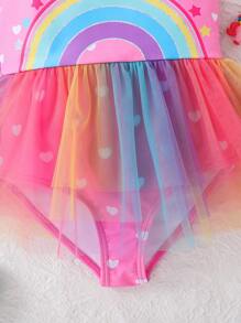 Emery Rose Kids Emery Rose Kids 适合年轻女孩的彩虹图案拼布网纱连体泳衣 - 粉色 - 查看 5