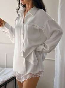 DAZY Sexy Lace Splice Satin Loose Top & Super Short Shorts Women Sleepwear Pajama Set, Fall Winter Clothes - White - View 4