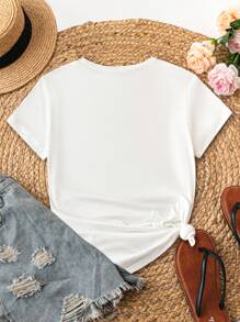 SHEIN EZwear 女士休闲花卉字母印花圆领 T 恤，夏季 - 白色 - 查看 2