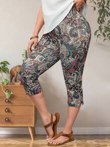 EMERY ROSE 大码女式复古度假佩利斯图案印花短款休闲紧身打底裤，女式春季服装，女式夏季服装，春假服装 - 彩色 - 查看 4