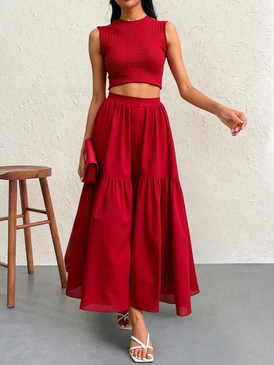 SHEIN Privé 节日新款浪漫优雅情人节简约百搭红色针织无袖上衣和高腰荷叶边下摆短裙套装，情人节现代时尚复古别致装 - 紅色 - 查看 1