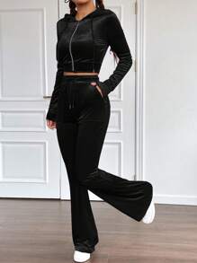 SHEIN EZwear 女士拉鍊連帽夾克和喇叭褲套裝 - 黑色 - 查看 3