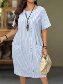 EMERY ROSE Plus Size Women Casual Striped Shift Dress, Suitable For Work And Commuting - Blue and White - View 3