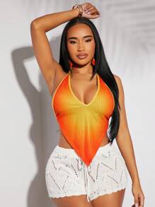 SHEIN SXY 海滩；春夏假期波西米亚风西方服饰女装节日橙黄色针织渐变印花挂脖方下摆背心 - 彩色 - 查看 6