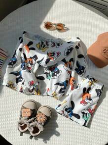 SHEIN 2 Pieces Set Baby Boy Cute Cartoon Pattern Hoodie Jacket And Shorts Casual Holiday Outfit, Spring & Summer