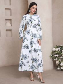 Veilorie Women's Floral Print Round Neck Lantern Sleeve Elegant Mid-Length Dress, Perfect For Vacation - White - View 6