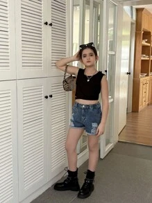 Conjunto de 2 piezas para niñas preadolescentes: Top corto tejido informal y shorts vaqueros sueltos desgastados, conjunto versátil, nueva llegada primavera/verano 2025, perfecto para uso diario - Negro - Ver 5