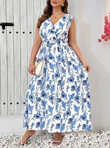 SHEIN Clasi Kurvenreiche Damen Große Größen Romantisch und Elegant Blau und Weiß Blume Muster Ärmellos V-Ausschnitt Langes Kleid, Lässig Urlaub, Sommer Outfits