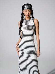 SHEIN Teen Girls Spring/Summer Streetwear Striped Backless Side Slit Dress Backless Dress,Parent-Child Clothing - Black and White - View 5