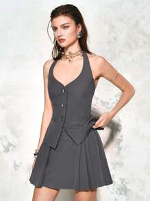 SHEIN LUNE 女士纯色单排扣休闲挂脖衬衫 - 灰色 - 查看 4