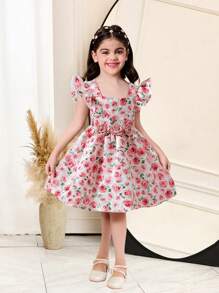 SHEIN Robe de jeune fille à manches volantées avec imprimé de fleurs Ditsy pour Pâques, Glow Young